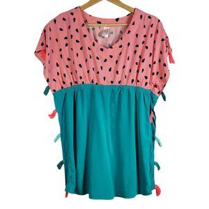 Cat & Jack Girls Swim Cover Up Dress Pink Green SZ 10 Large Tassel Fringe V Neck